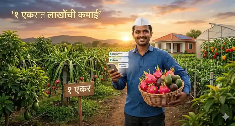 १ एकर शेतात ड्रॅगन फ्रूट आणि विदेशी फळे घेऊन उभा असलेला हसरा महाराष्ट्रीयन शेतकरी - लाखोंची कमाई.