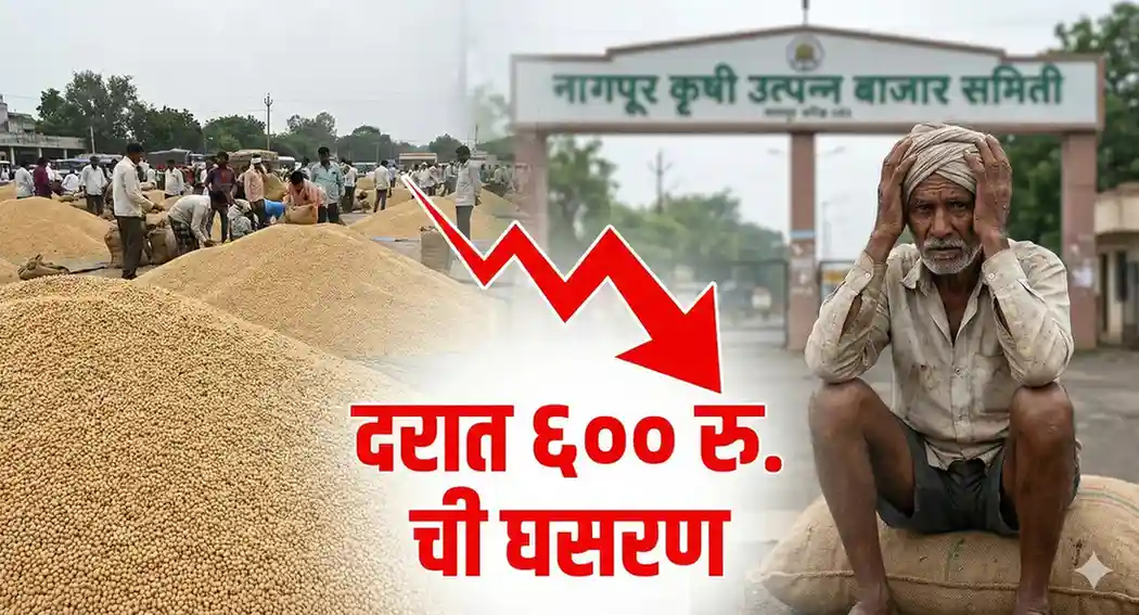 नागपूर कृषी उत्पन्न बाजार समितीत सोयाबीनचे ढीग आणि चिंतेत असलेला शेतकरी (Soybean heaps in Nagpur APMC and worried farmer).