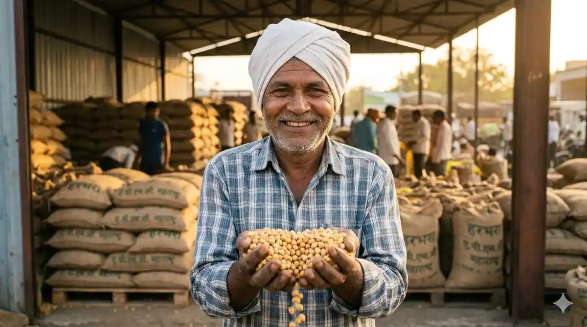 हातात दर्जेदार हरभरा घेतलेला आणि हमीभावामुळे आनंदी असलेला महाराष्ट्रीयन शेतकरी.