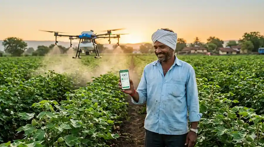 शेतात ड्रोन फवारणी आणि स्मार्टफोनचा वापर करणारा आनंदी भारतीय शेतकरी.