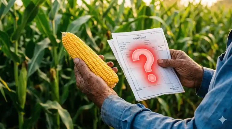 एका हातात पिवळेधमक मक्याचे कणीस आणि दुसऱ्या हातात लाल प्रश्नचिन्ह (Question Mark) असलेला सातबारा उतारा पकडलेले शेतकऱ्याचे हात.